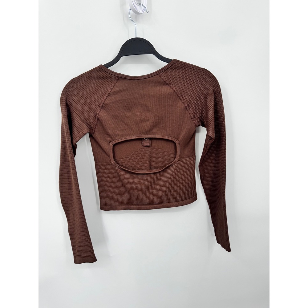 FP Movement Henley Long Sleeve Women M/L Brown Open Back Seamless Crop Top - Picture 5 of 7